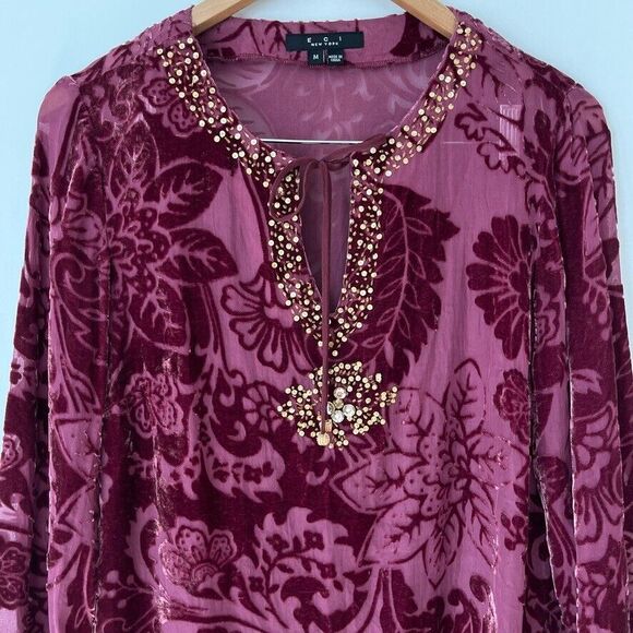 VTG ECI NY Velvet Burnout Beaded Long Sleeve Top Burgundy Womens M Whimsigoth - Picture 2 of 11
